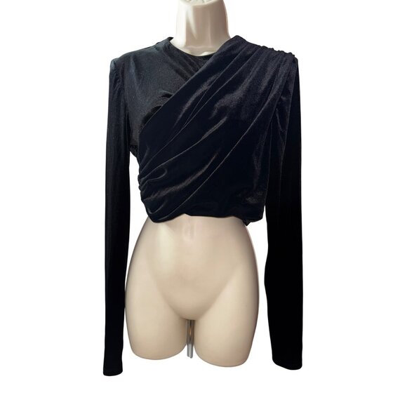 Zara Long Sleeve Black Velvet Ruched Crop Top Medium Sexy Goth Vamp Luxury Sexy - Picture 2 of 5